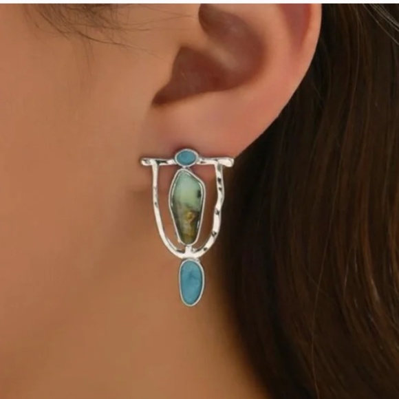 ❤️ FREE Turquoise Metal Chic Glam Grunge Rock Faux Modern Trendy Classy Earrings - Picture 1 of 5